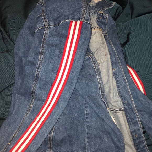 denim jacket with red stripe